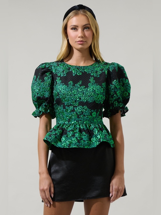 Sugarlips Tops - NWT Sugarlips Elyna Jacquard Green Black Puff Sleeve Peplum Blouse Sz S